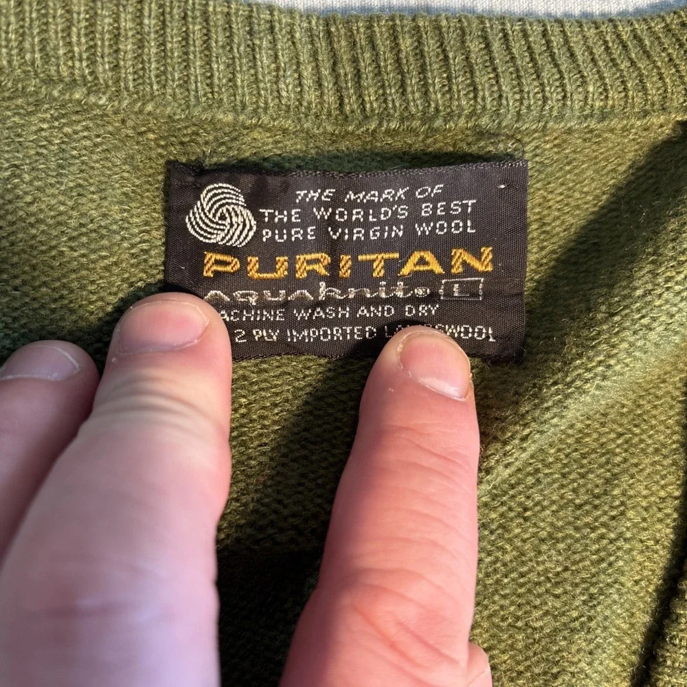 Vintage Puritan Aquaknit Mens Wool Sweater Vest Olive Green V-Neck Large 0475